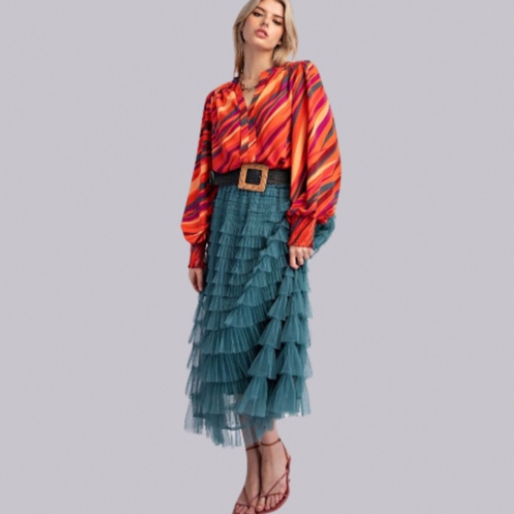 New in Fabulous Mesh Ruffle Faded Teal Maxi Skirt - Picture 4 of 7